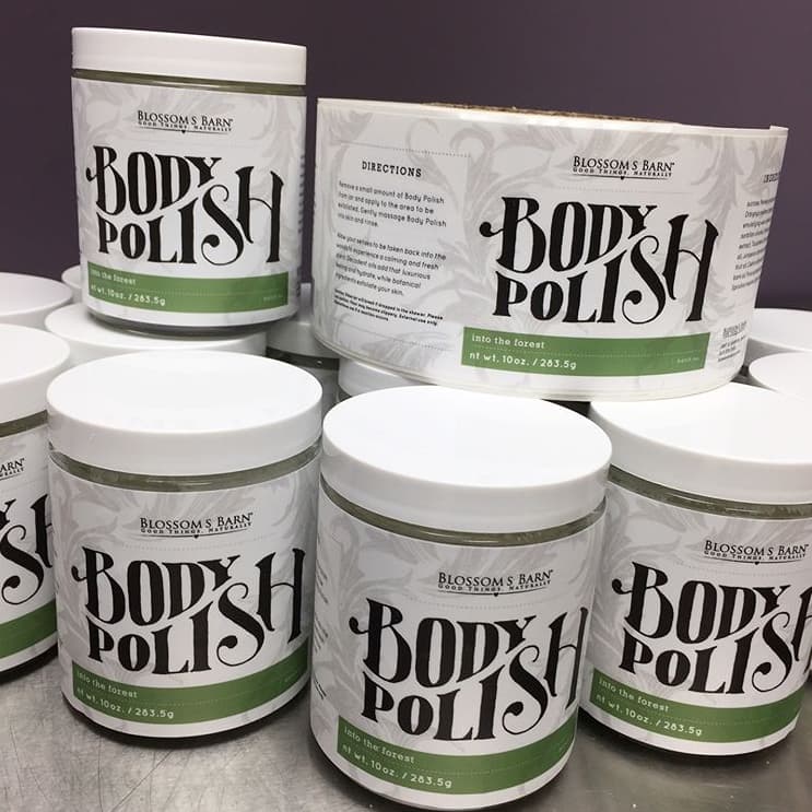 custom labels for body polish shown on body polish jars